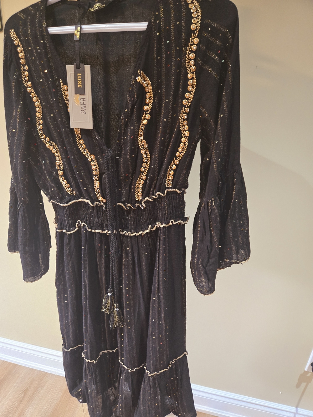 NWT PAPA Luxe Black & Gold Embellished Boho Tassel Dress